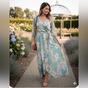 Allison Brittney Size L Floral Wrap Dress, Maxidress  in Green